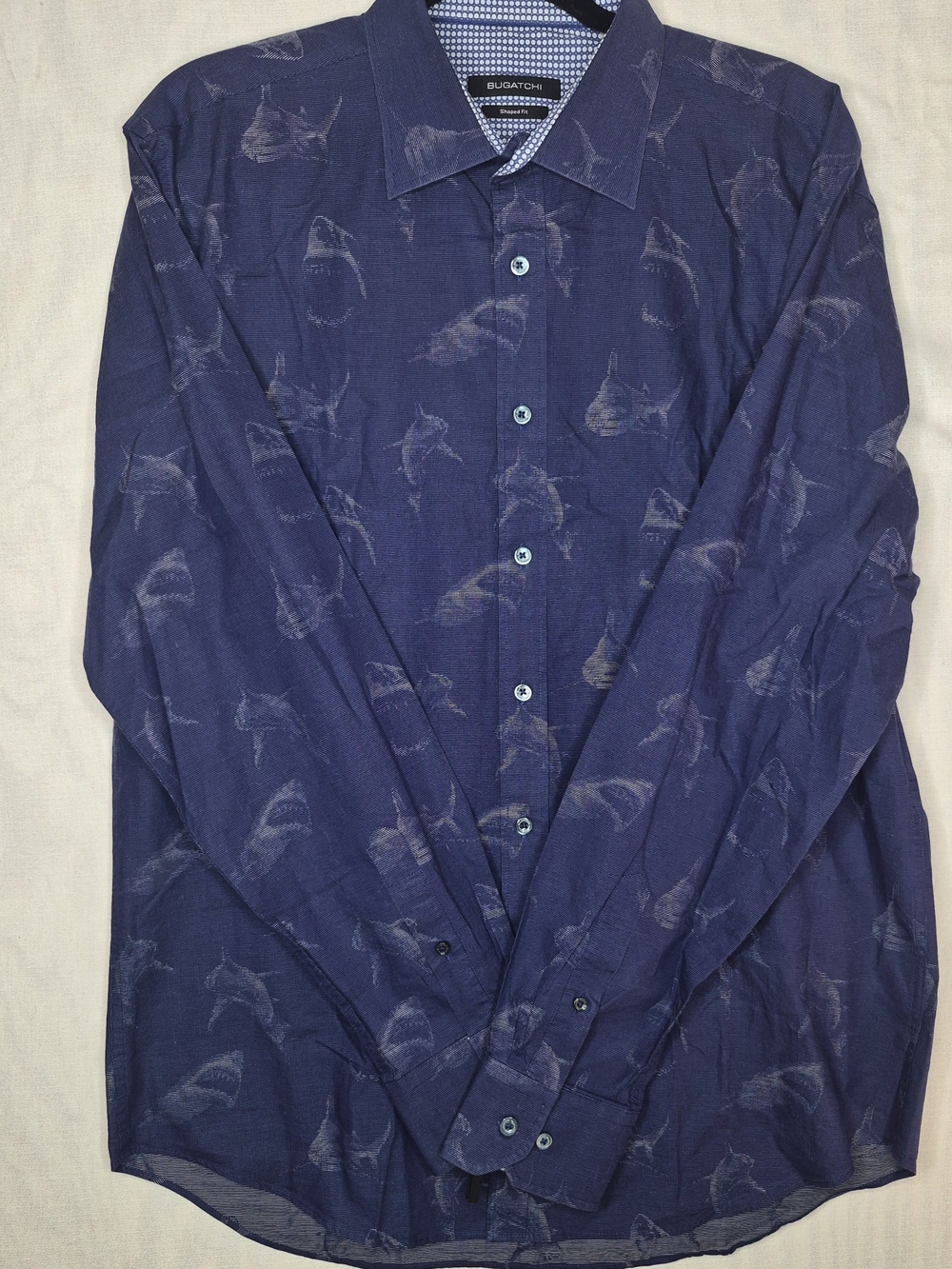 Bugatchi Navy Shark-Pattern Button-Down Shirt